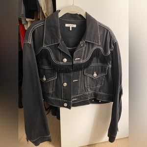 Ganni Cropped Fringe Denim Jacket - Small (Dark Gray/Black)